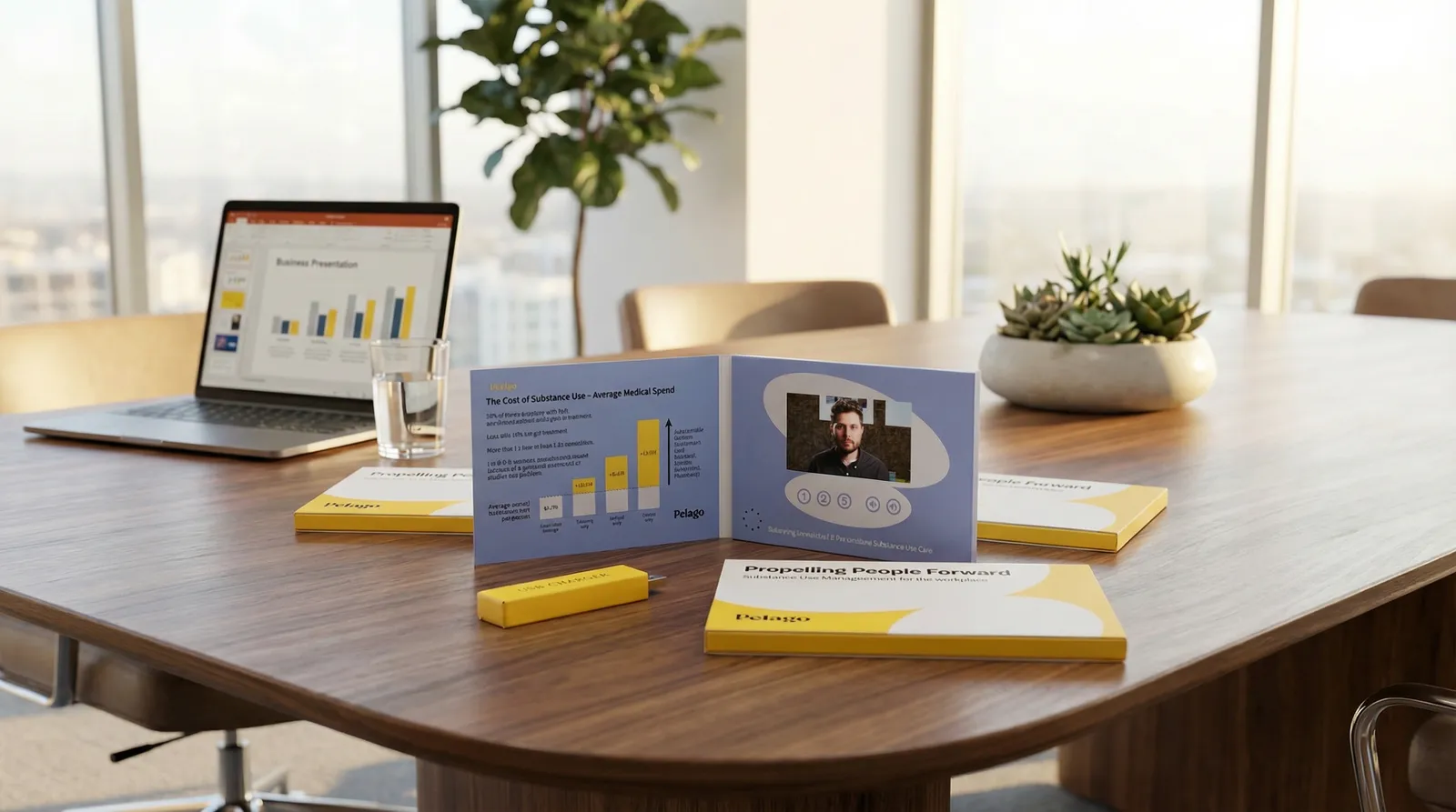 Open softcover video brochure with HD screen